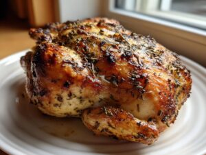 A juicy, whole roasted chicken with golden-brown, crispy skin seasoned heavily with herbs.