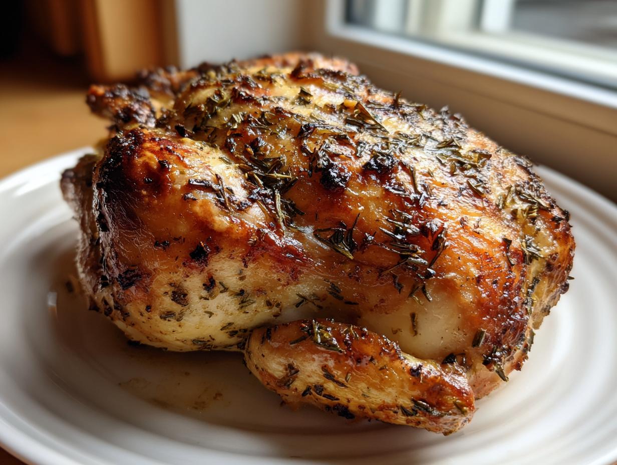 A juicy, whole roasted chicken with golden-brown, crispy skin seasoned heavily with herbs.