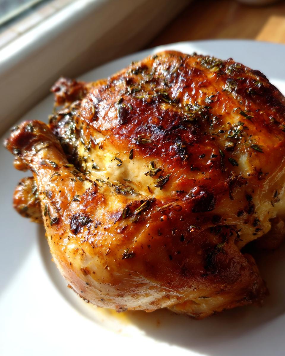 Close-up of a whole roasted chicken with deeply browned, crispy skin seasoned with herbs.