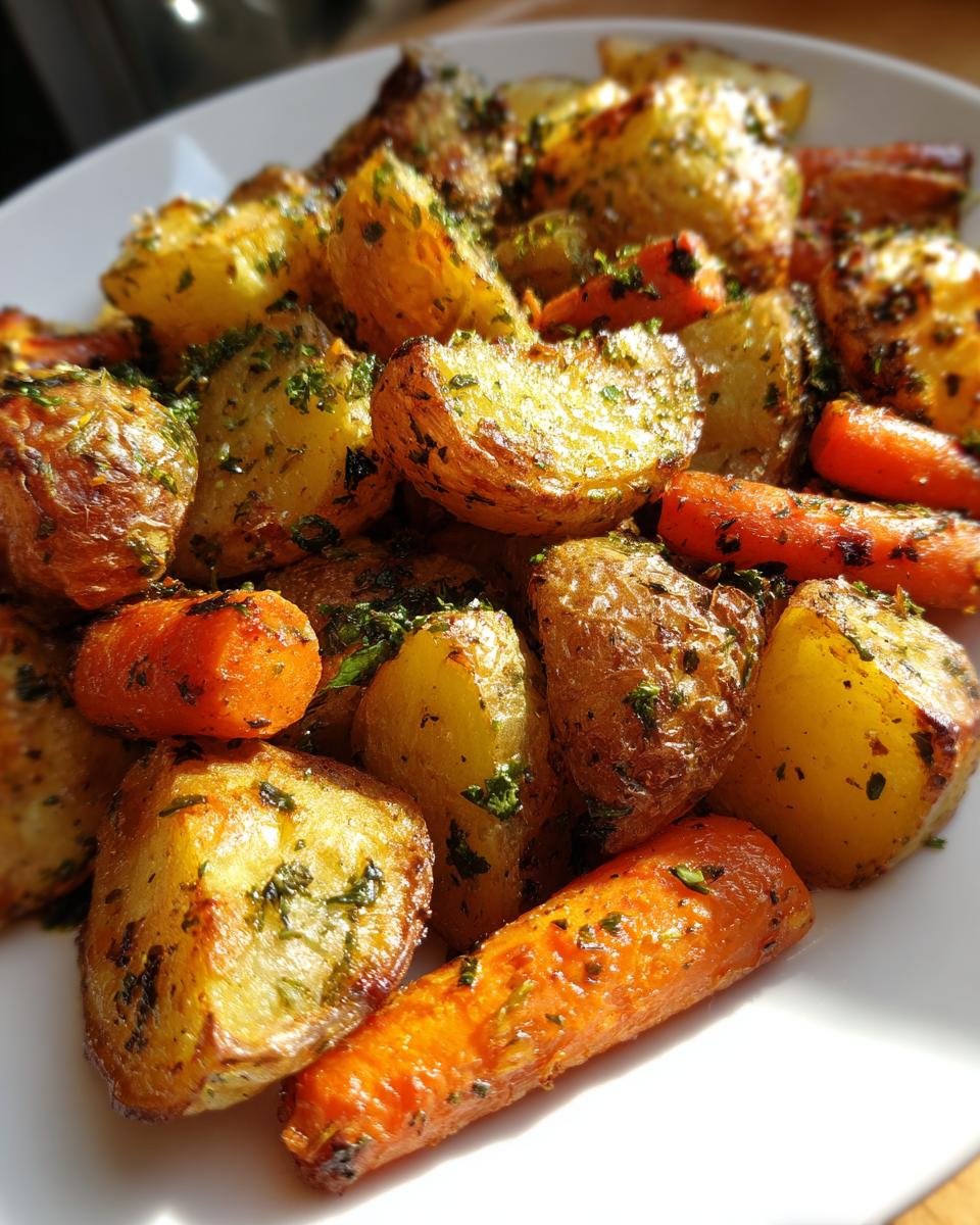 Close-up of golden brown roasted potatoes and carrots seasoned with green herbs on a white plate.
