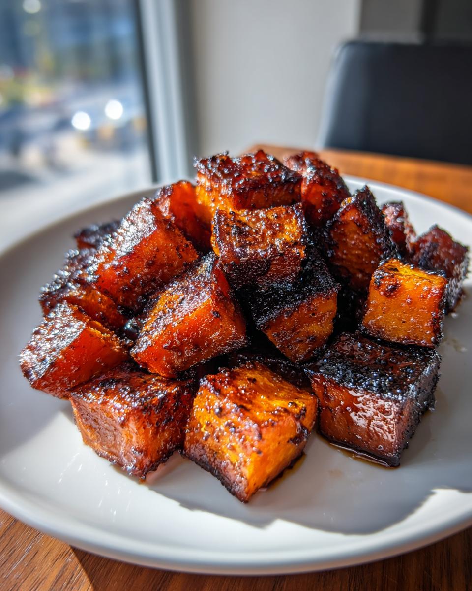 A close-up of perfectly caramelized and slightly charred roasted sweet potatoes cubes served on a white plate.