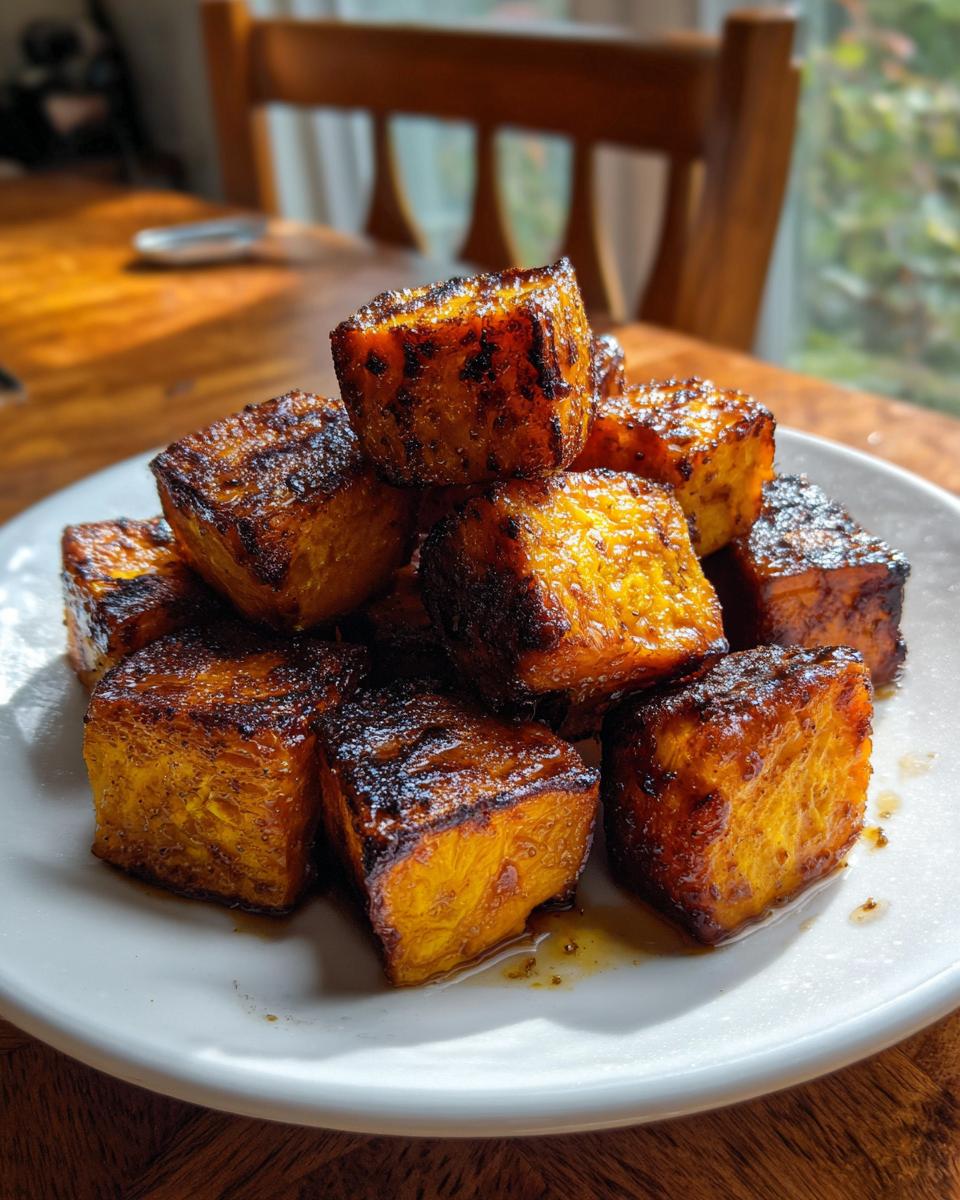A pile of deeply caramelized, cubed roasted sweet potatoes glistening on a white plate.