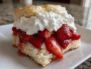 A close-up of a delicious strawberry shortcake slice featuring biscuit, macerated strawberries, and whipped cream.