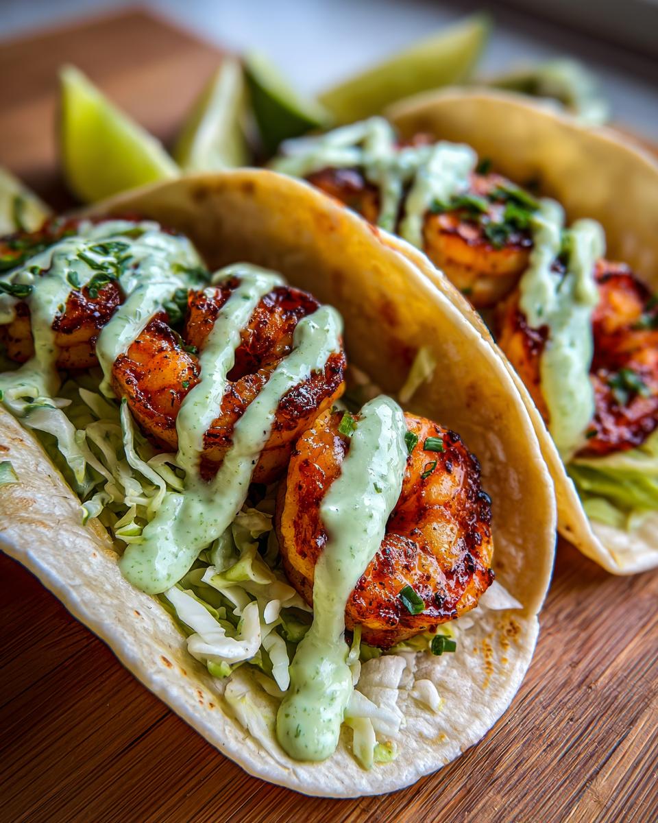 Close-up of a delicious shrimp taco filled with seasoned shrimp, shredded cabbage, and drizzled with a creamy green sauce.