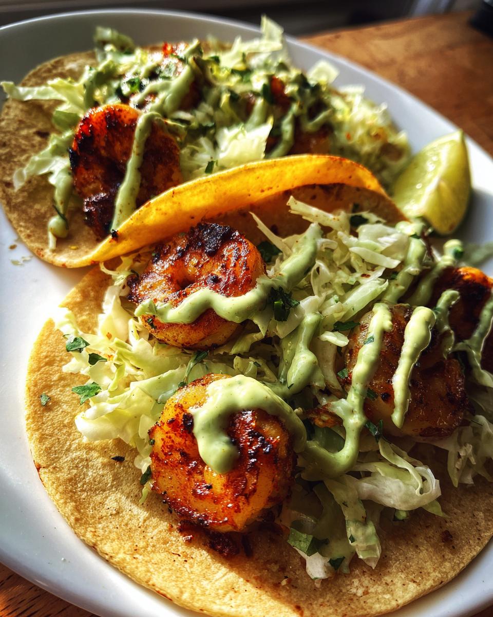 Close-up of two corn tortilla shrimp taco shells filled with blackened shrimp, shredded cabbage, and drizzled with a creamy green sauce.