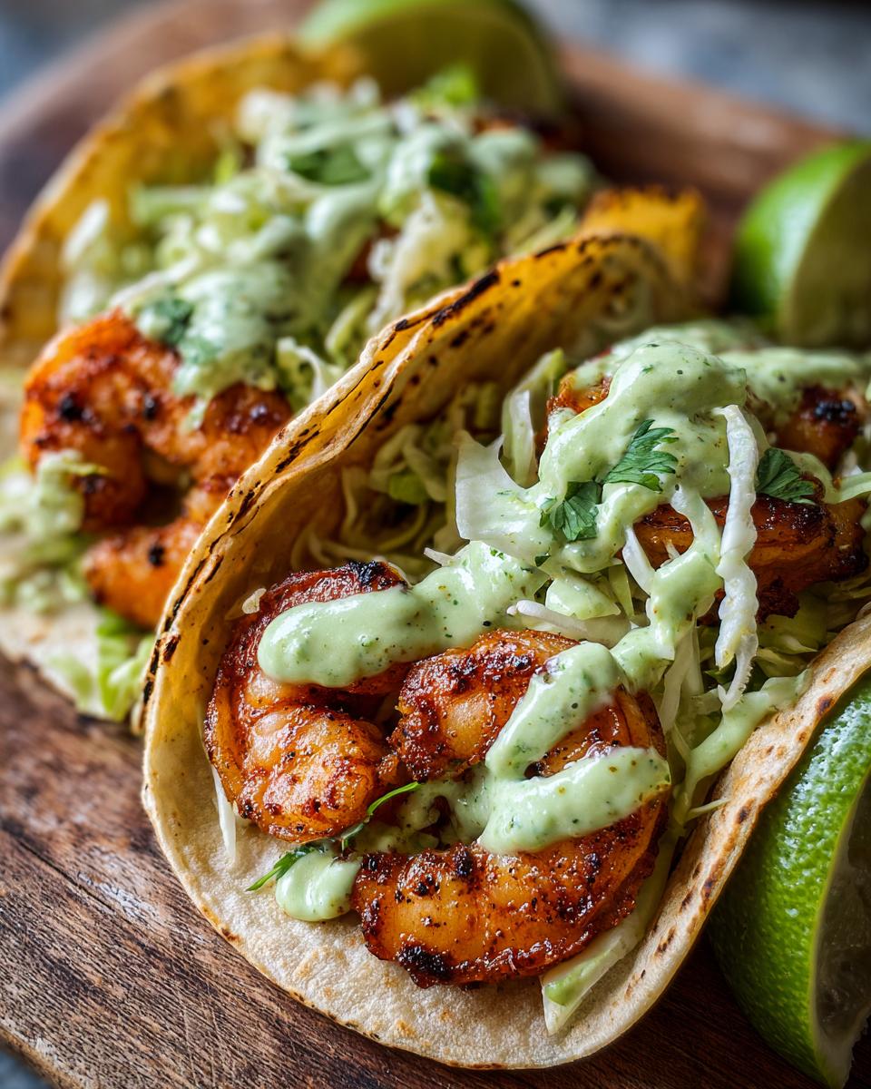 Close-up of two grilled shrimp taco shells filled with seasoned shrimp, shredded cabbage, and drizzled with a creamy green sauce.