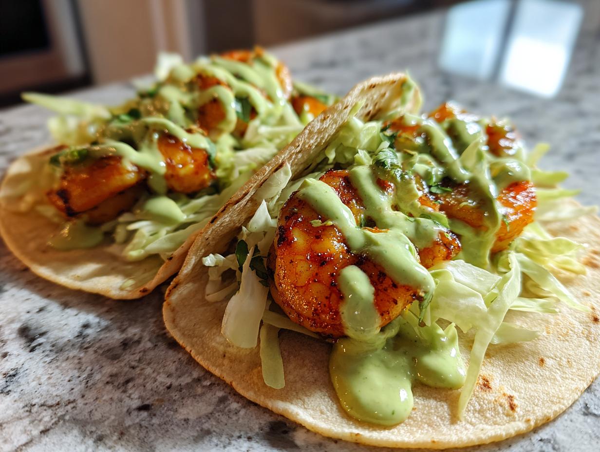 Two delicious shrimp taco shells filled with seasoned shrimp, shredded lettuce, and drizzled with creamy green sauce.