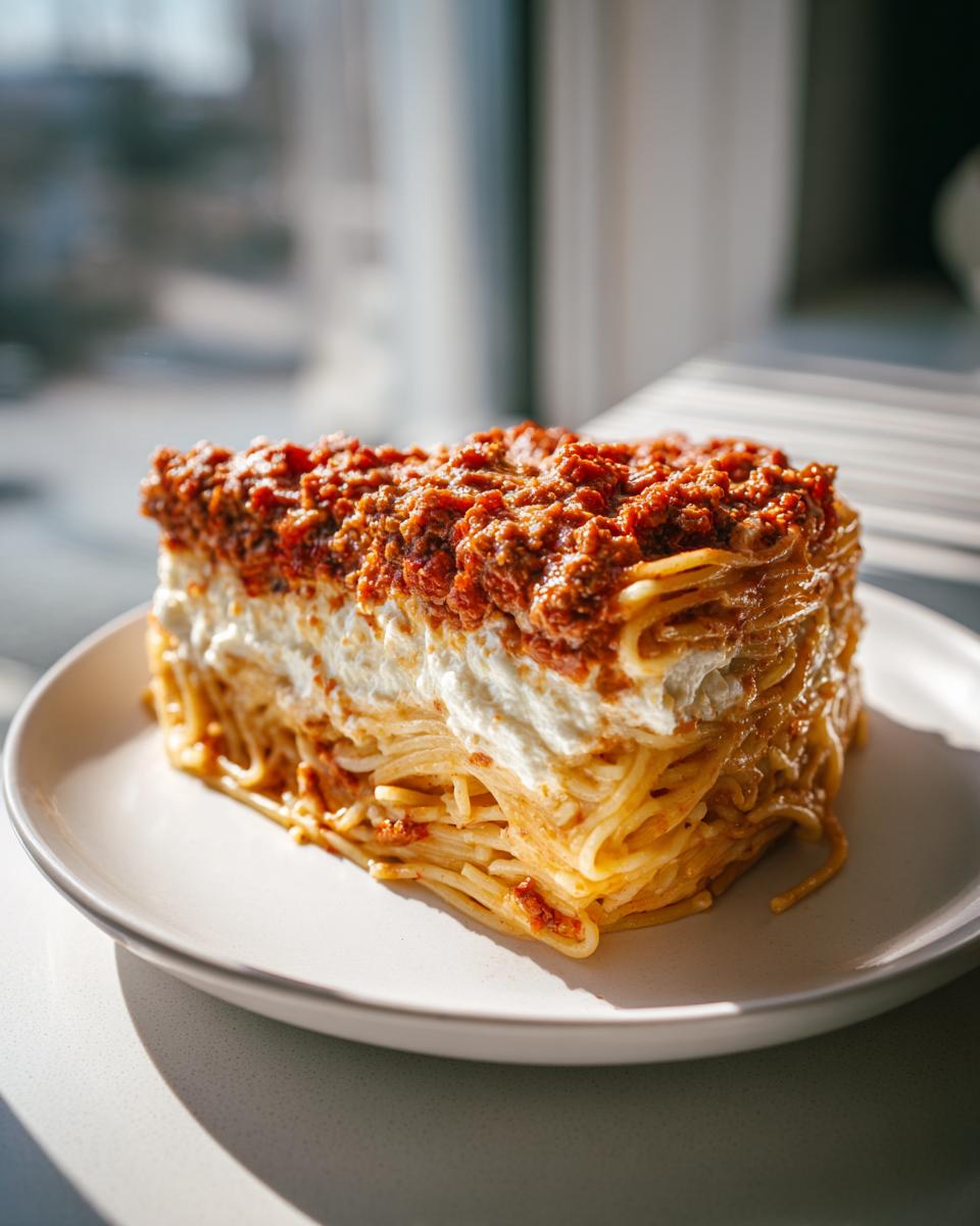 A tall, square slice of baked spaghetti pie showing layers of pasta, white cheese filling, and thick meat sauce topping.