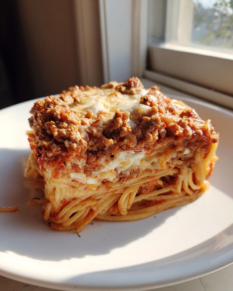 A thick, layered slice of spaghetti pie featuring pasta, meat sauce, and melted cheese, served on a white plate.