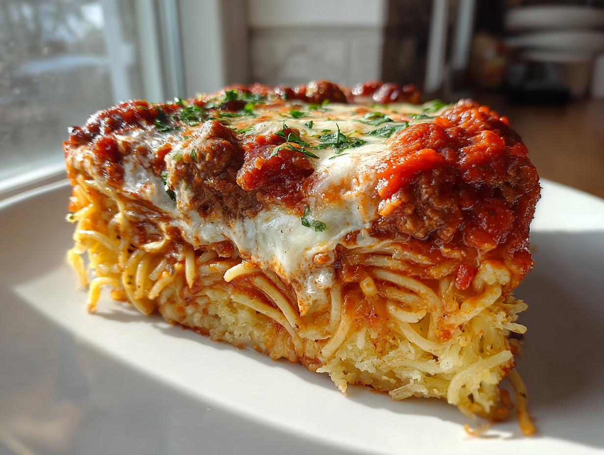 A thick, square slice of baked spaghetti pie topped with meat sauce, melted mozzarella, and parsley.