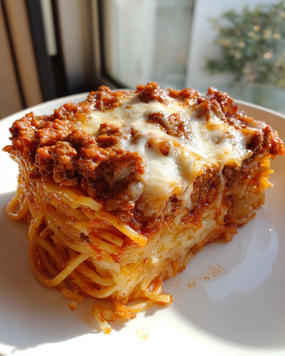 A square slice of baked spaghetti pie topped with rich meat sauce and melted mozzarella cheese.