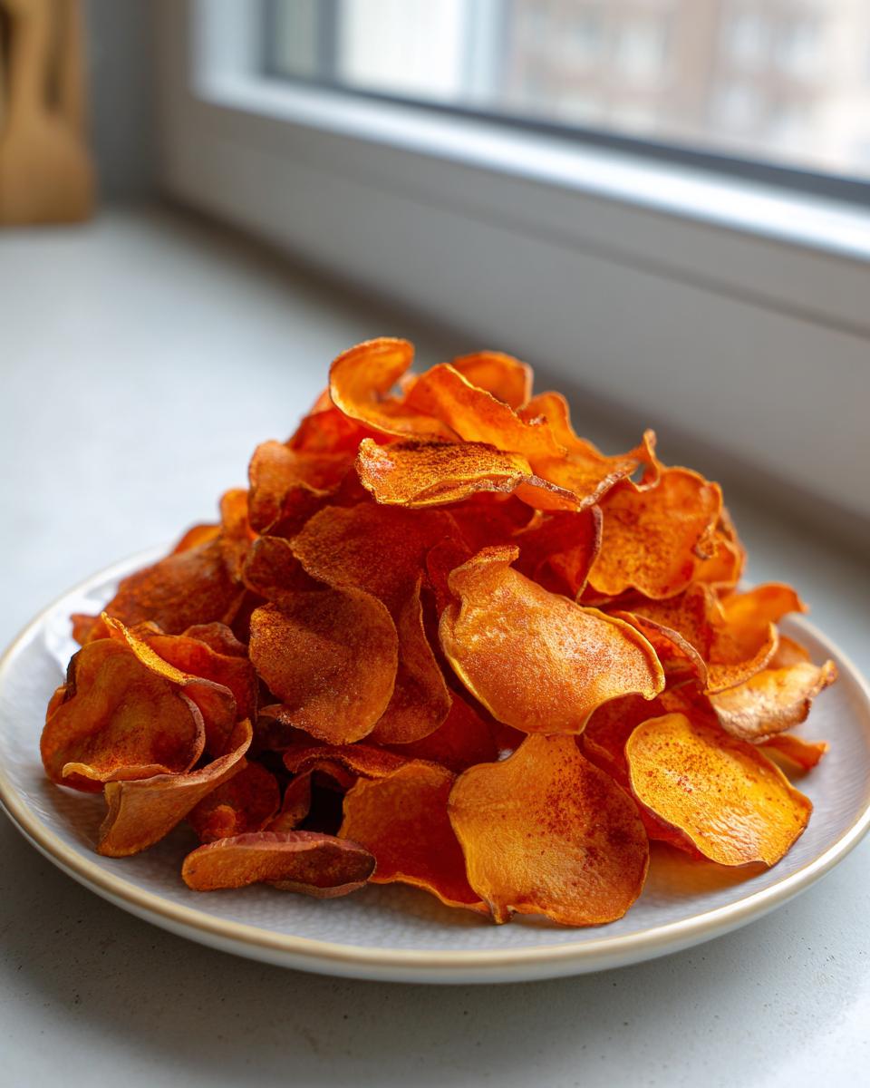 A mound of vibrant orange, crispy homemade sweet potato chips piled high on a light gray plate.