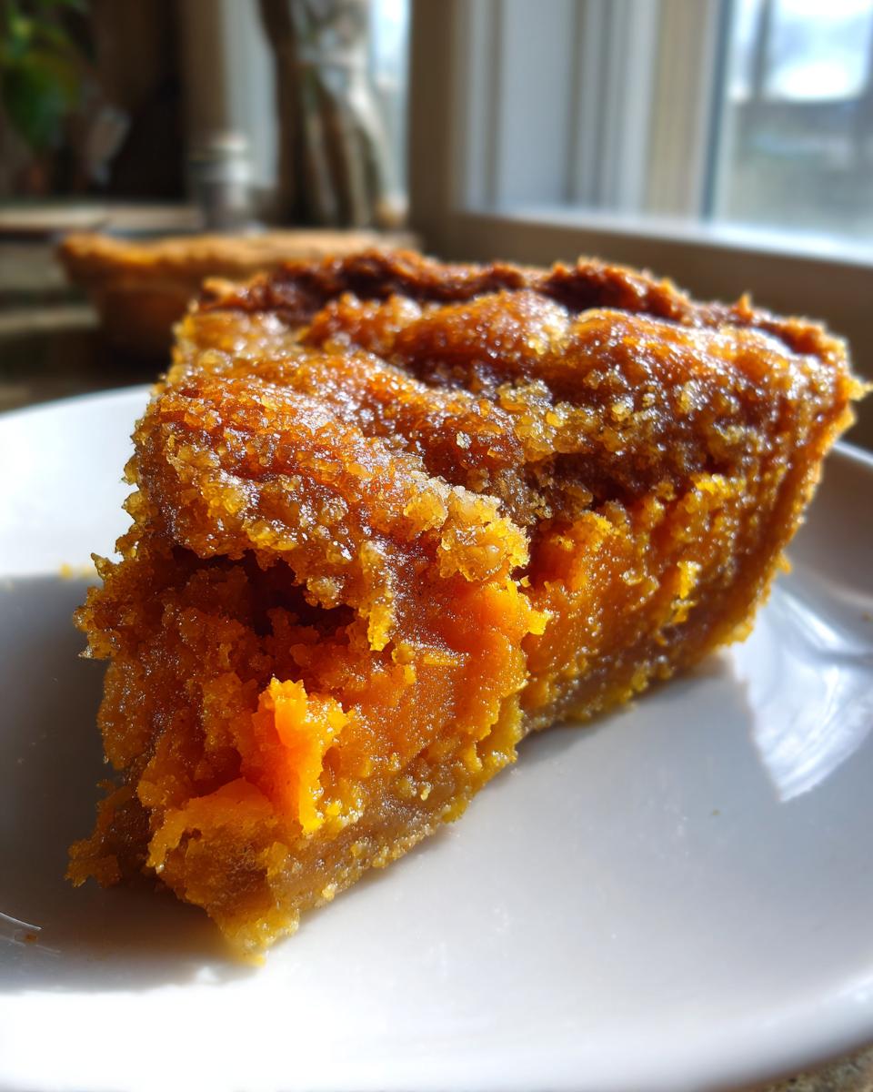 A close-up, sunlit slice of amazing sweet potato cobbler with a sugary, textured top crust on a white plate.