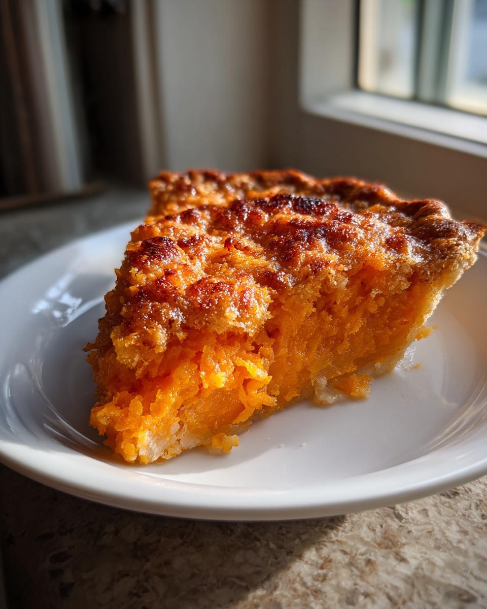 A close-up slice of amazing sweet potato cobbler with a caramelized topping, served on a white plate.