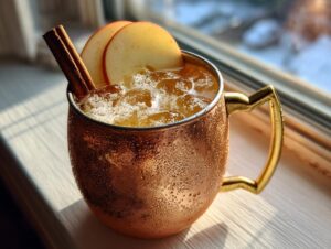 A frosty copper mug filled with an Apple Cider Moscow Mule, garnished with apple slices and a cinnamon stick.