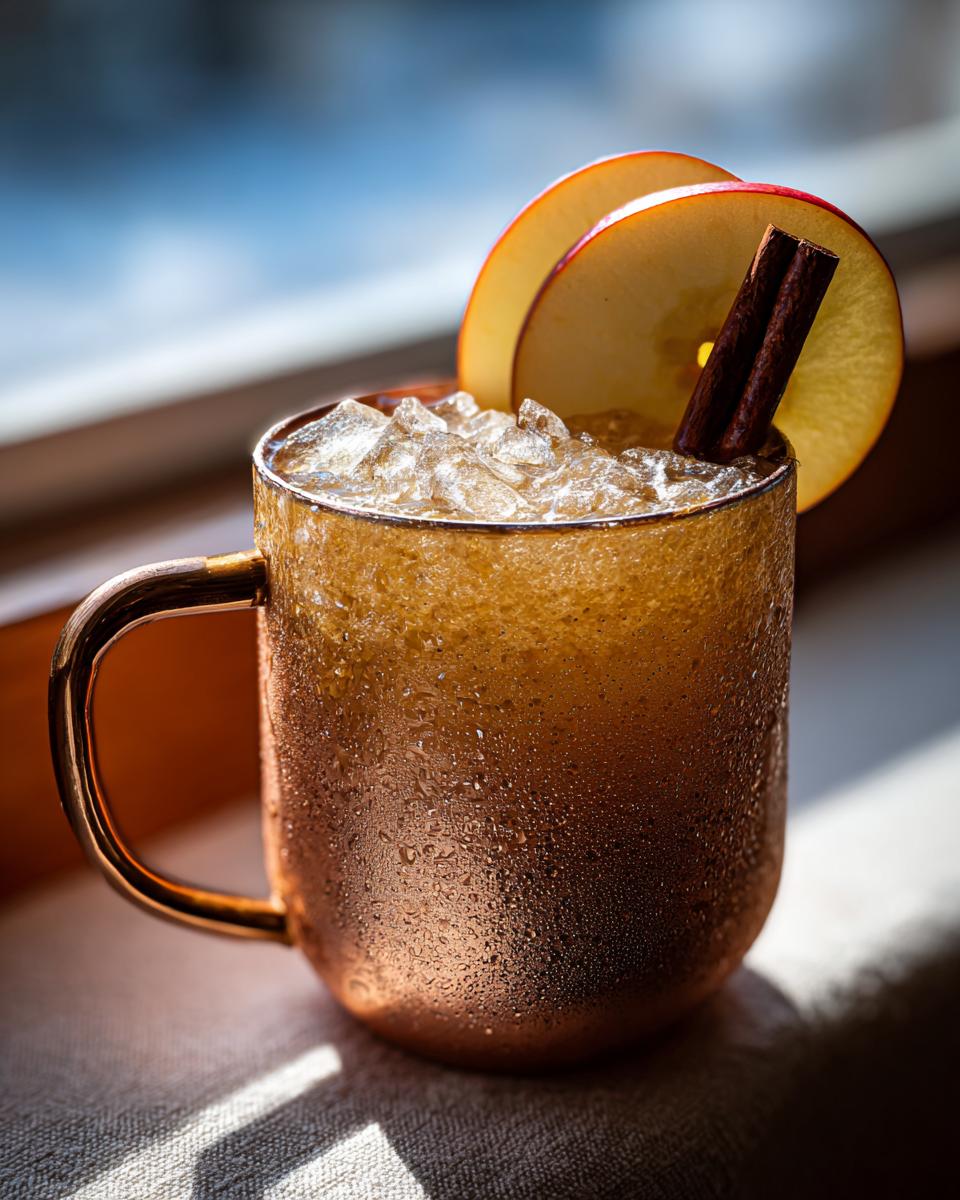 A cold Apple Cider Moscow Mule cocktail served in a textured copper mug, garnished with apple slices and a cinnamon stick.