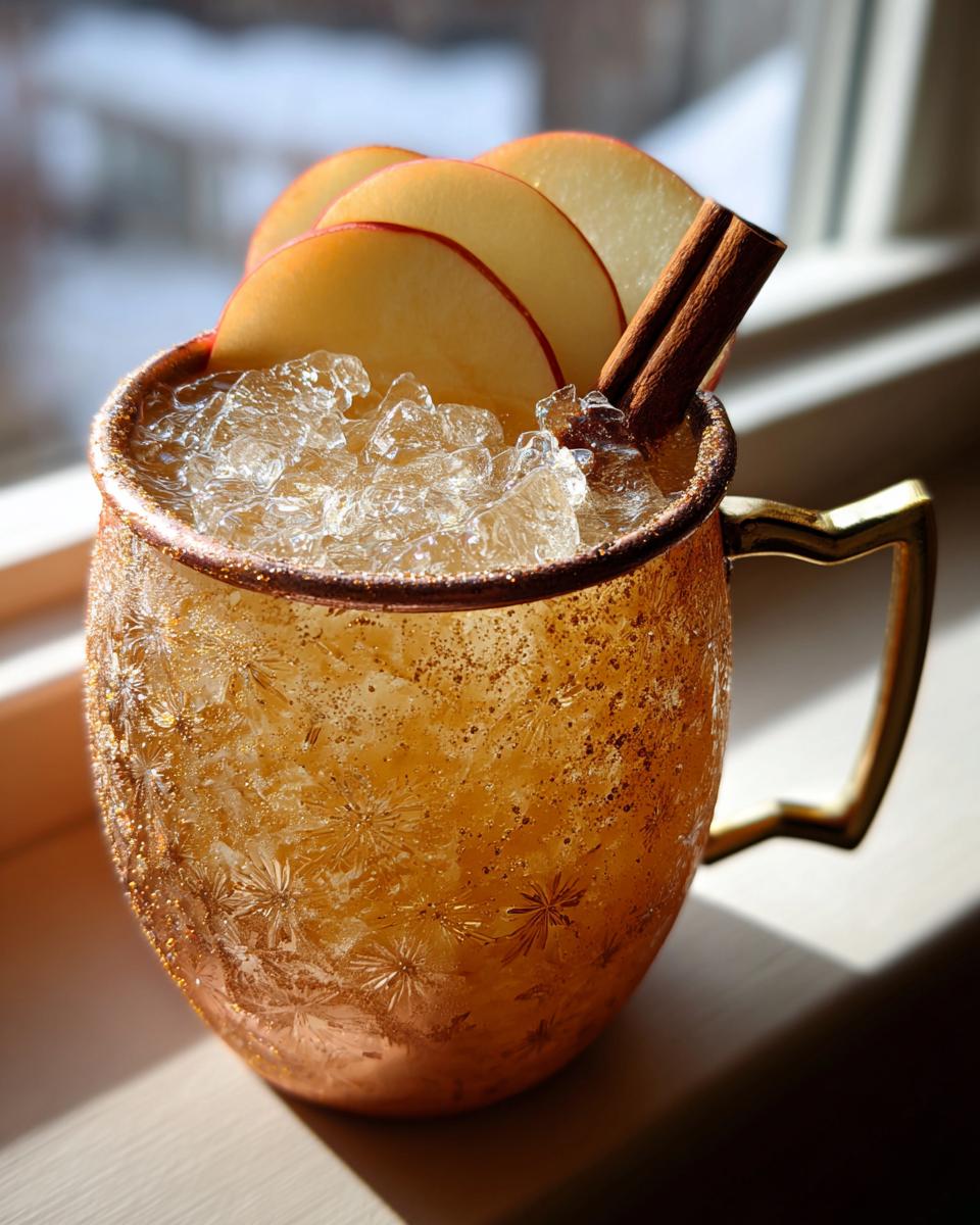 A festive apple cider Moscow mule cocktail filled with crushed ice, garnished with apple slices and a cinnamon stick.
