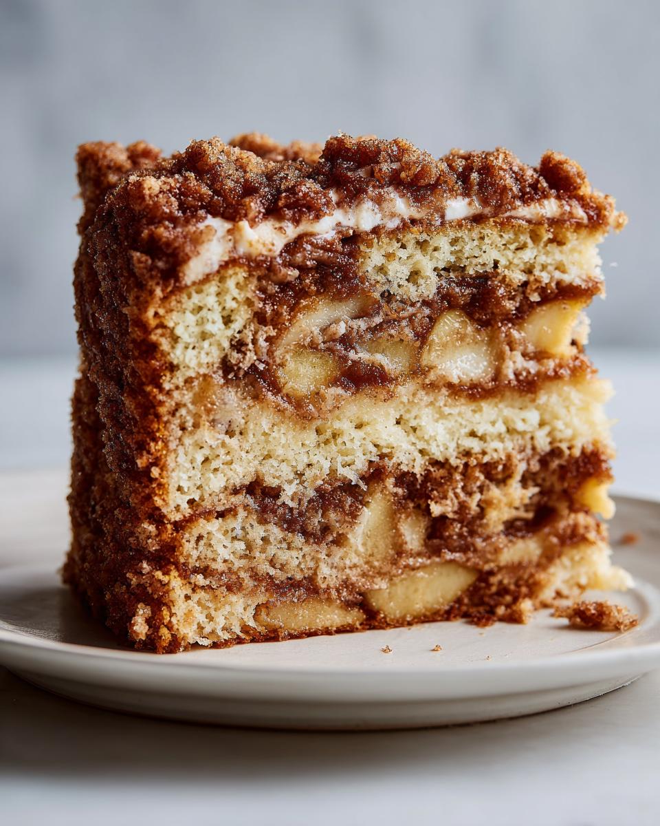 Close-up of a tall slice of apple coffee cake showing layers of cake, cinnamon filling, apples, and thick crumb topping.