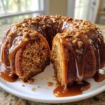 A moist apple dapple cake drizzled heavily with thick caramel sauce and topped with chopped nuts.