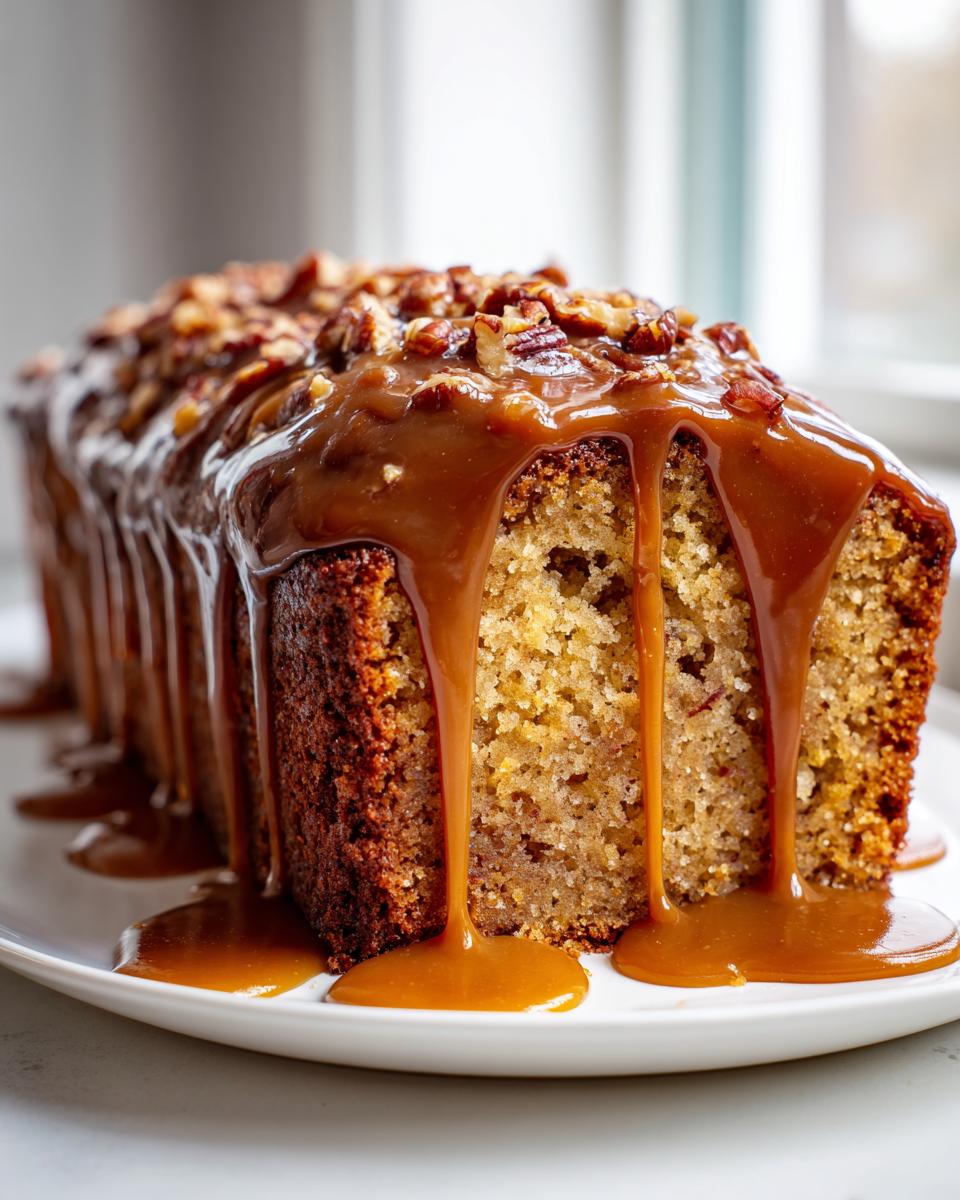 Close-up of an apple dapple cake loaf generously drizzled with thick caramel sauce and topped with chopped pecans.