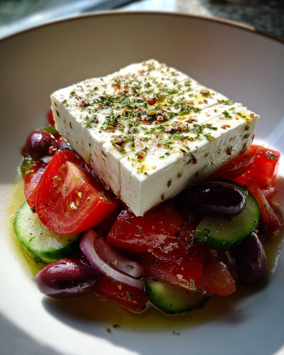 A close-up of a vibrant greek salad featuring a large block of feta cheese drizzled with oil and herbs over tomatoes, cucumbers, olives, and red onion.