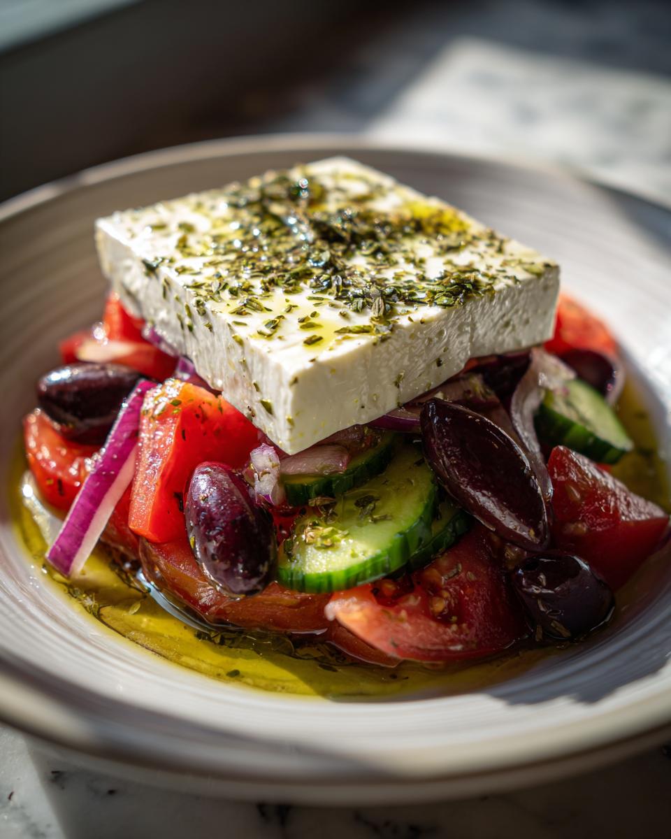 Close-up of a vibrant greek salad featuring a large block of seasoned feta cheese over tomatoes, cucumbers, and Kalamata olives.