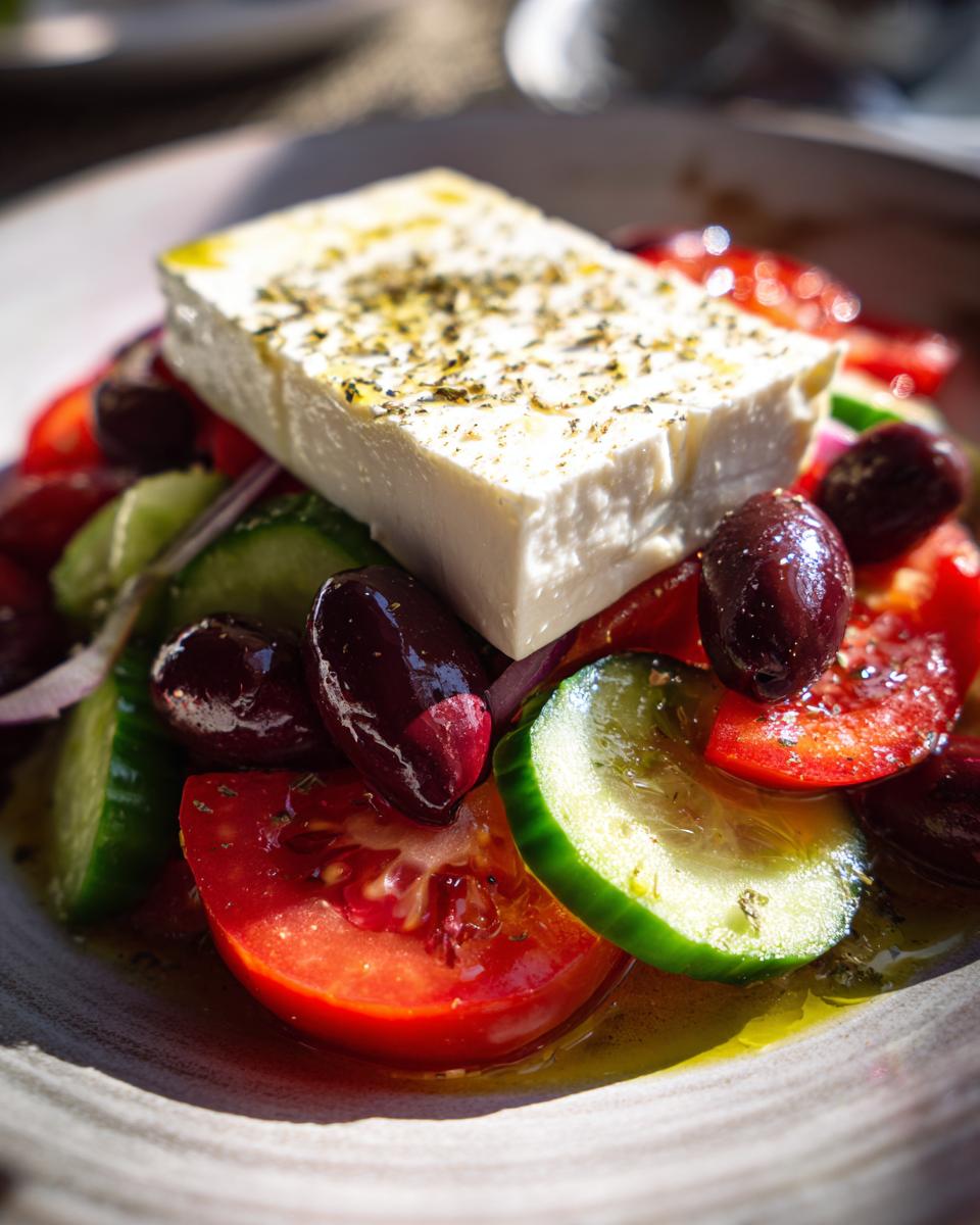 Close-up of a vibrant greek salad featuring a large block of feta cheese, tomatoes, cucumbers, and Kalamata olives.