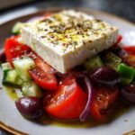 A close-up, appetizing shot of a fresh greek salad featuring a large block of feta cheese seasoned with herbs and olive oil.