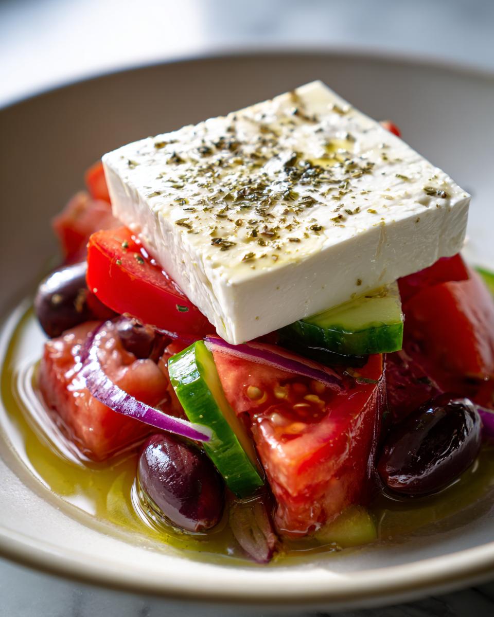 A close-up of a traditional greek salad featuring large chunks of tomato, cucumber, red onion, Kalamata olives, and a block of feta cheese seasoned with herbs.