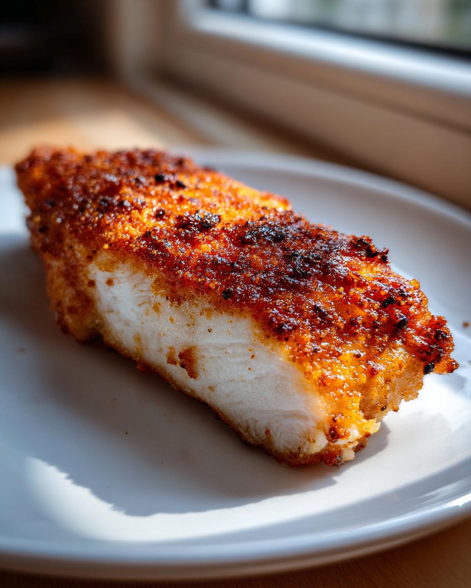 Cross section of a juicy baked chicken breast with a richly seasoned, crispy orange crust.