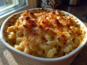 Close-up of a single serving of creamy baked mac and cheese with a golden, crispy breadcrumb topping.
