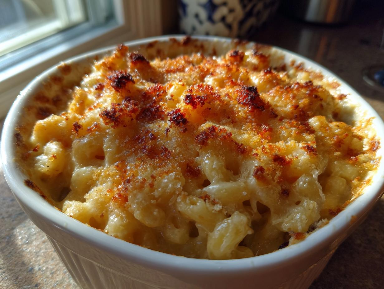 Close-up of a single serving of creamy baked mac and cheese with a golden, crispy breadcrumb topping.