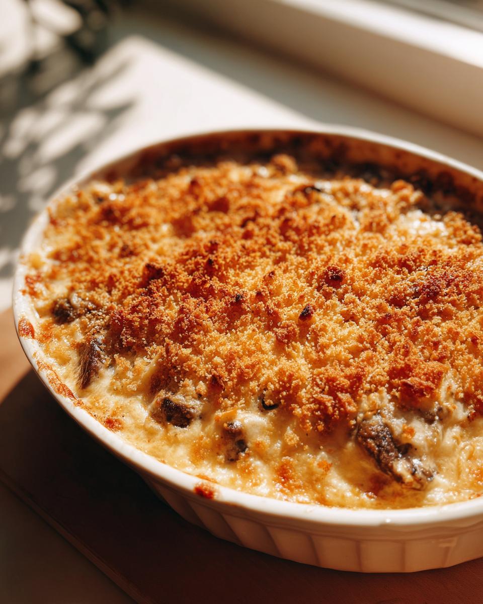 Close-up of a baked stuffed mushroom dip in a white oval dish, featuring a rich, creamy base and a crispy, golden brown breadcrumb topping.