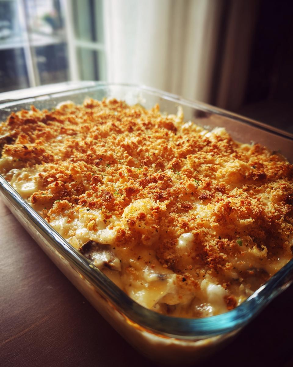 A baked, creamy stuffed mushroom dip in a glass dish topped with a thick, golden brown breadcrumb crust.