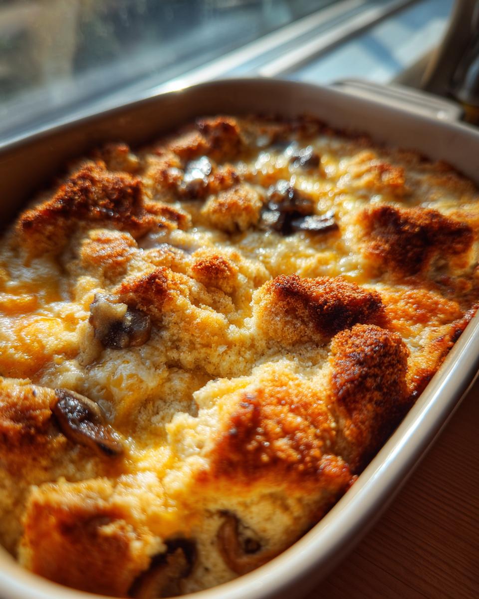 Close-up of freshly baked stuffed mushroom dip in a ceramic dish, showing a bubbly, golden-brown crust.