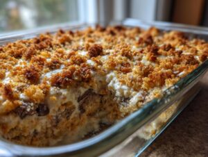 Close-up of a baked stuffed mushroom dip in a glass dish, featuring a creamy interior and a crunchy, golden brown topping.
