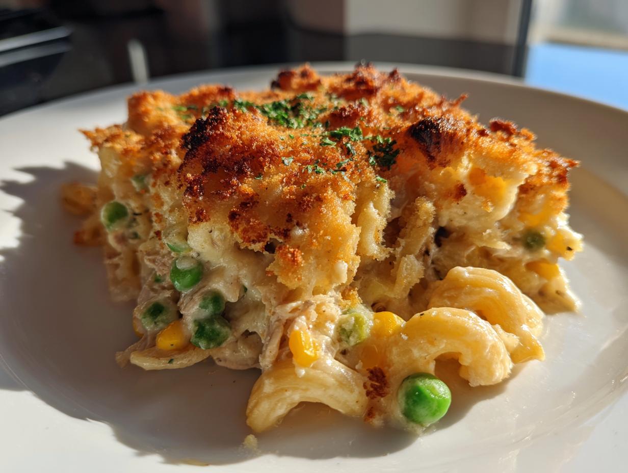 A serving of creamy tuna pasta bake featuring elbow macaroni, peas, corn, and a golden, crispy breadcrumb topping.