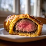 Close-up of a slice of beef wellington recipe showing medium-rare pink center and golden puff pastry.