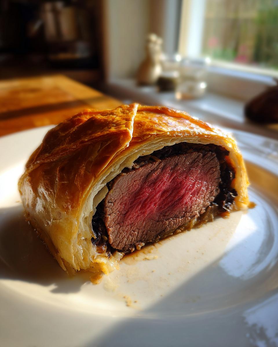 Close-up of a slice of beef wellington recipe showing medium-rare beef inside golden puff pastry.