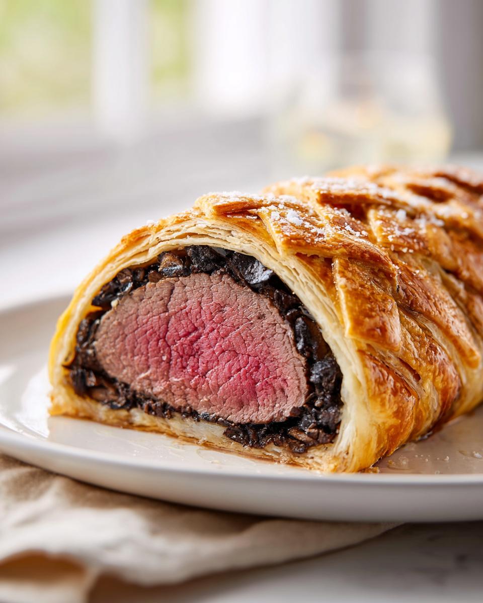 A cross-section slice of a perfectly cooked beef wellington recipe showing medium-rare beef inside flaky pastry.