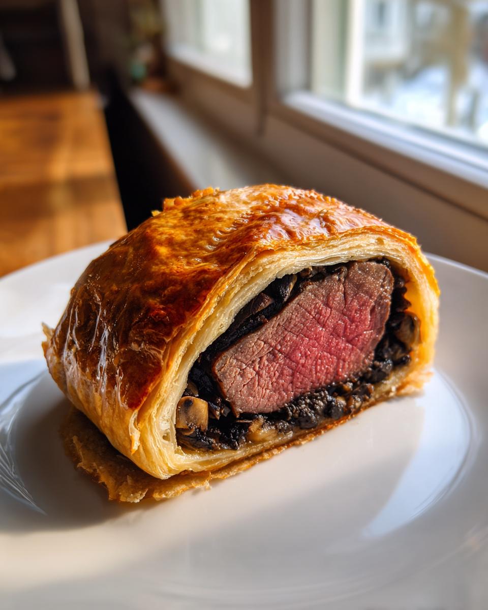 Close-up of a slice of beef wellington recipe showing medium-rare beef inside golden puff pastry.
