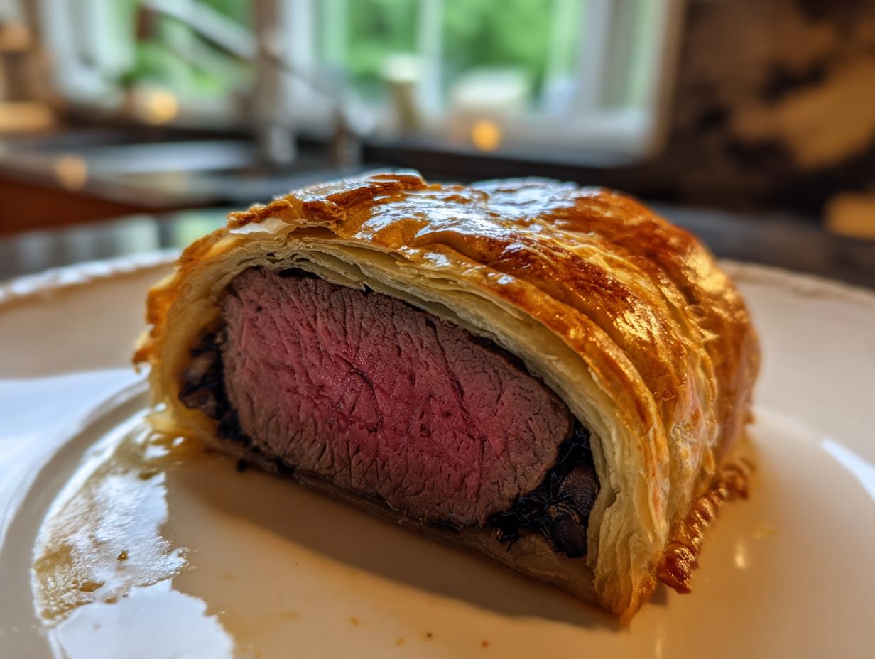 Close-up of a slice of beef wellington recipe showing medium-rare pink center and golden puff pastry.