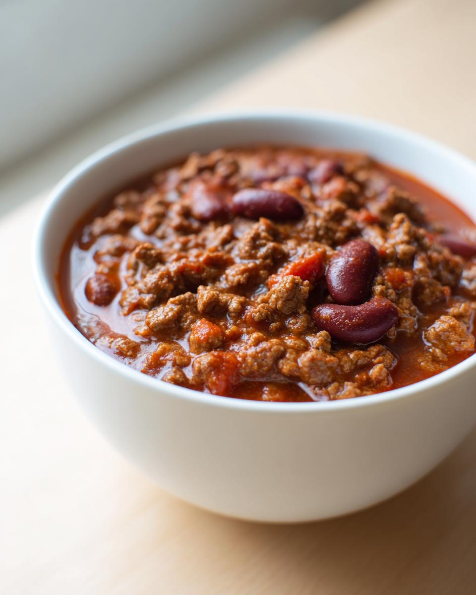 Close-up of a white bowl filled with rich, meaty chili featuring kidney beans, part of the best chili recipe.