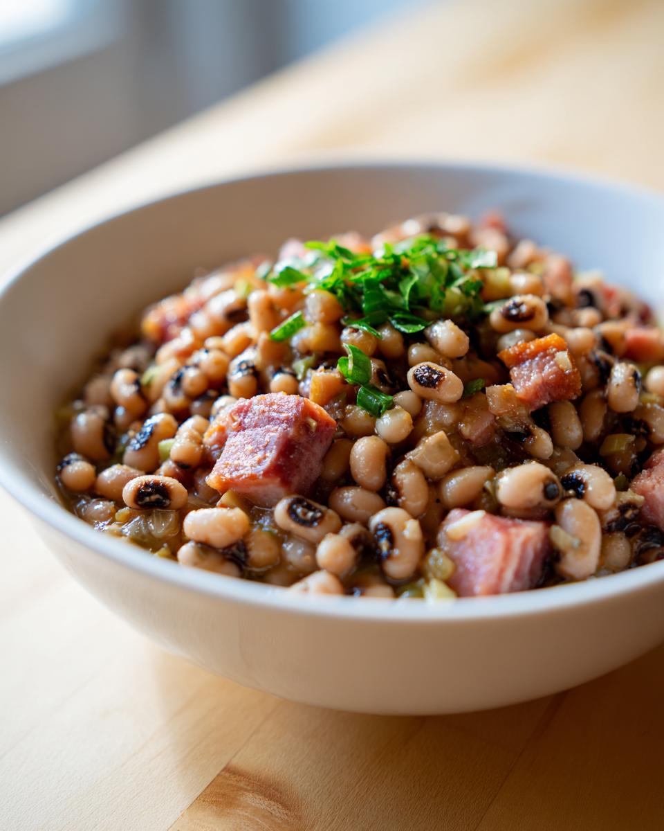 A white bowl filled with a savory black eyed peas recipe mixed with chunks of ham and topped with fresh green herbs.
