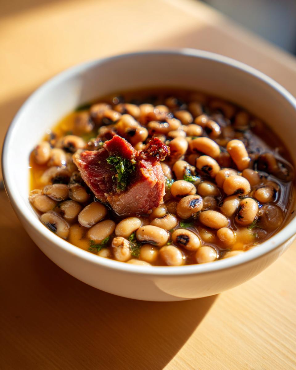 Close-up of a white bowl filled with savory black eyed peas recipe and a piece of smoked ham.
