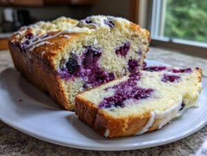 A loaf of Blueberry Cream Cheese Bread, sliced to show the moist interior packed with blueberries and topped with a white glaze.
