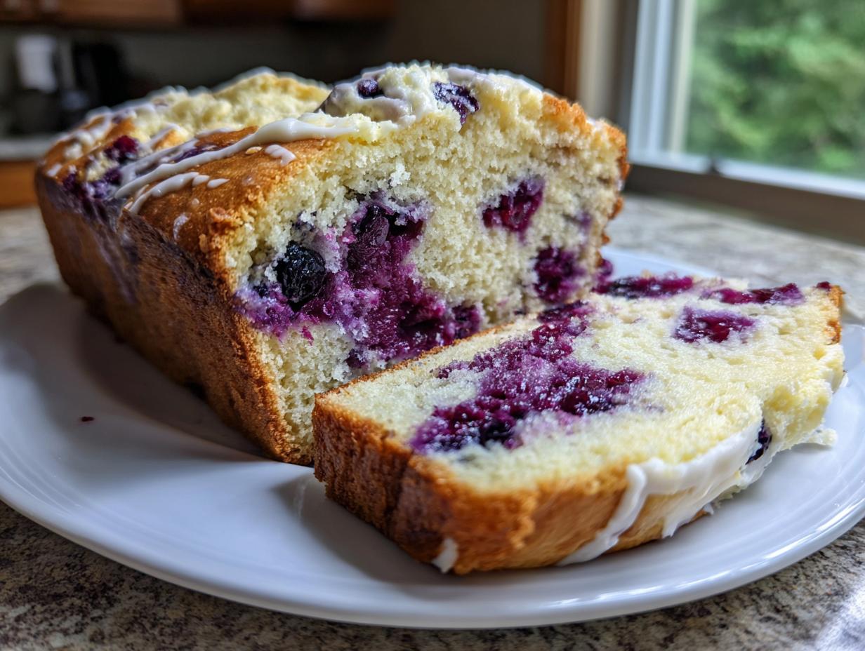 A loaf of Blueberry Cream Cheese Bread, sliced to show the moist interior packed with blueberries and topped with a white glaze.