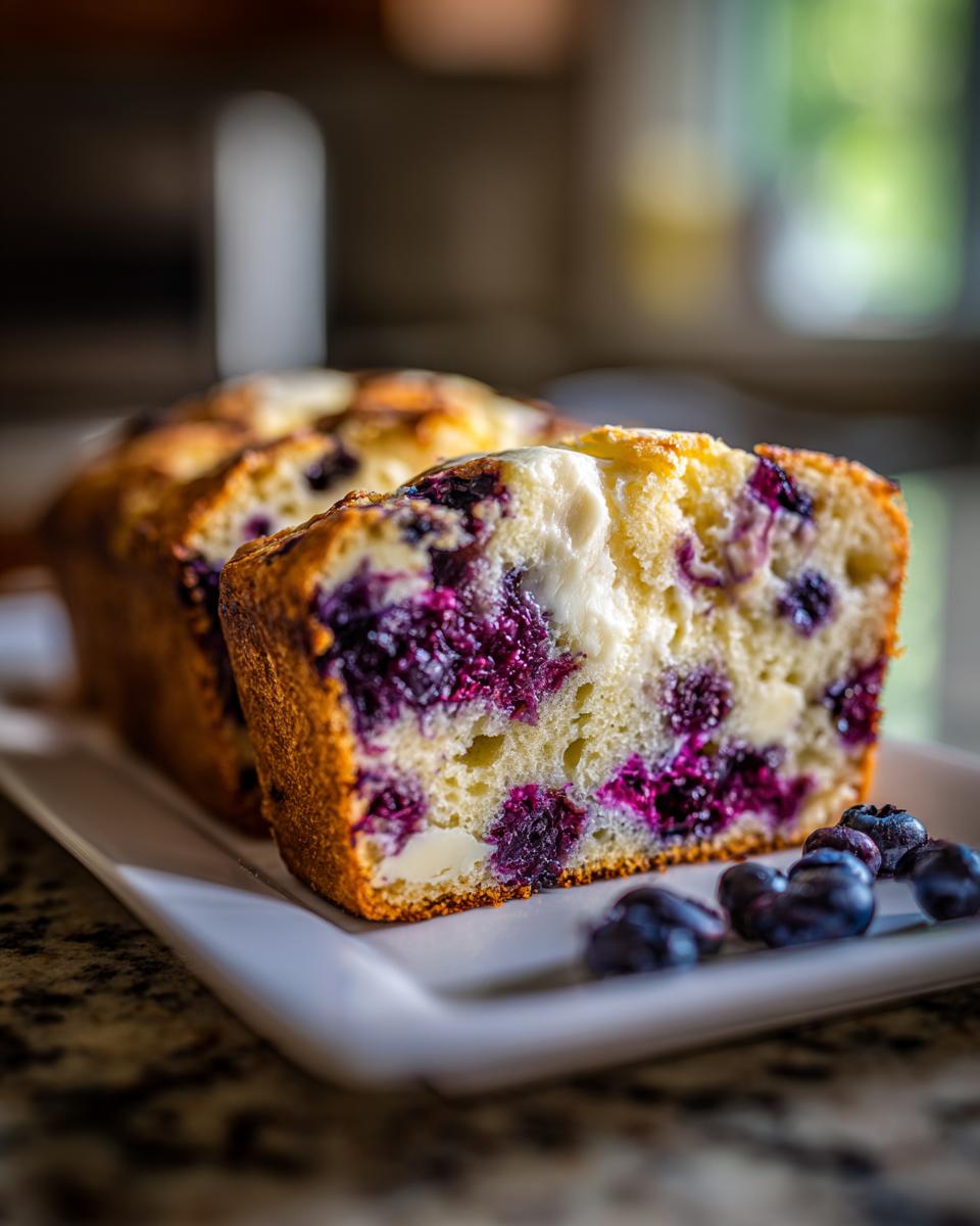 Close-up of a thick slice of Blueberry Cream Cheese Bread showing swirls of cream cheese and baked blueberries.