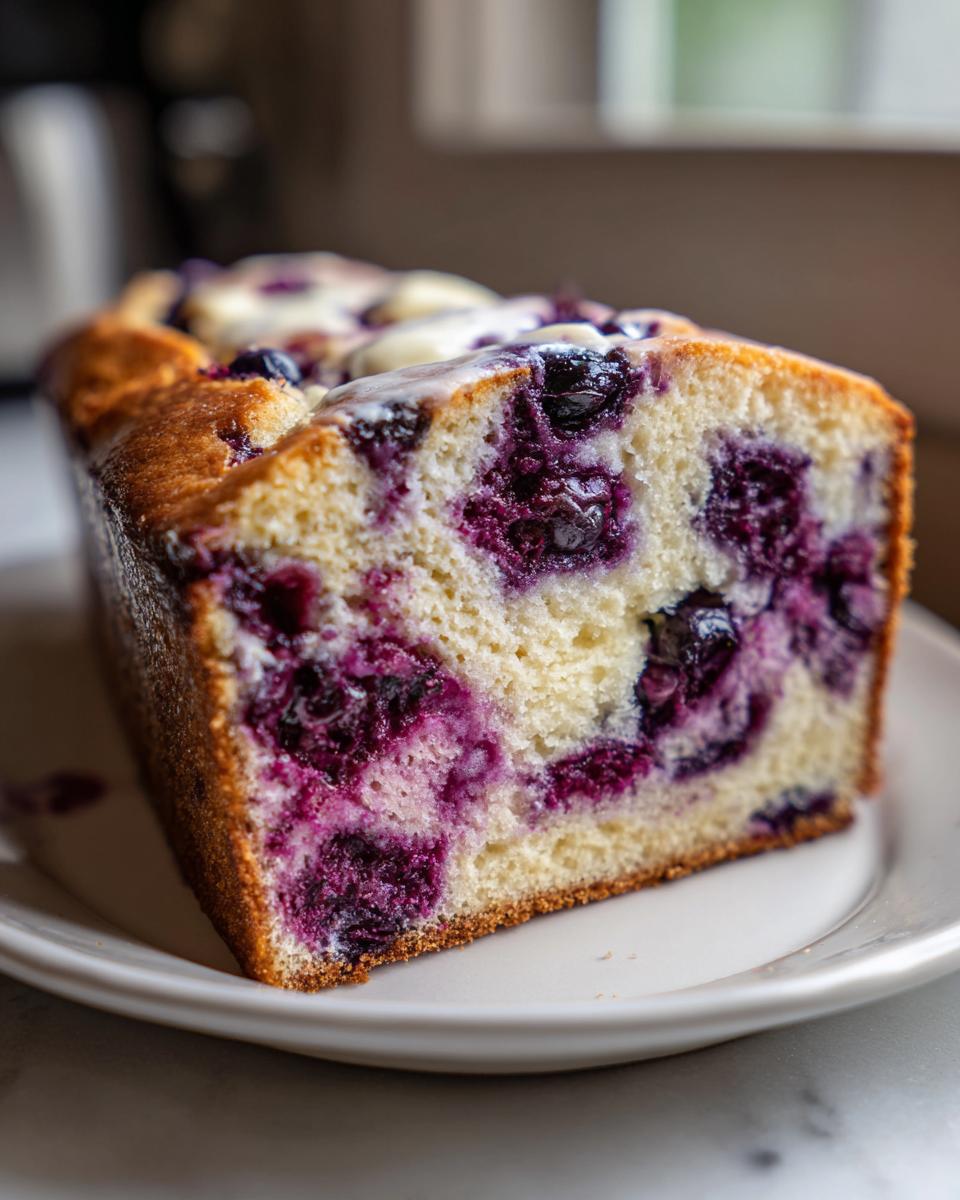 Close-up of a thick slice of Blueberry Cream Cheese Bread showing moist crumb and abundant purple blueberries.