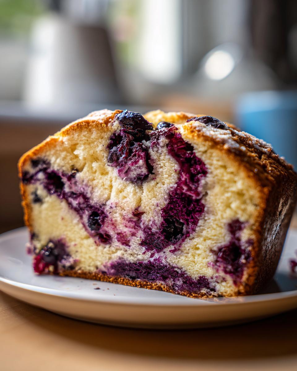Close-up of a thick slice of Blueberry Cream Cheese Bread showing moist yellow cake swirled with vibrant purple blueberry filling.